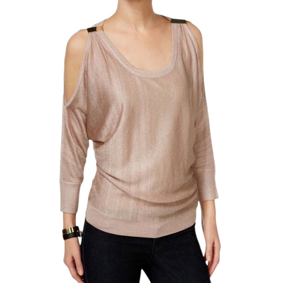 INC INTERNATIONAL CONCEPTS Pink Sweater Shirt Gold Metallic Women’s Petite M - Picture 1 of 12